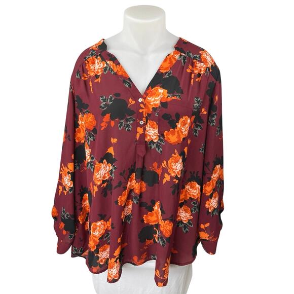 ModCloth Women's Red Maroon Floral V-neck Long Sleeve Button Blouse Top Size 4X - Picture 1 of 4